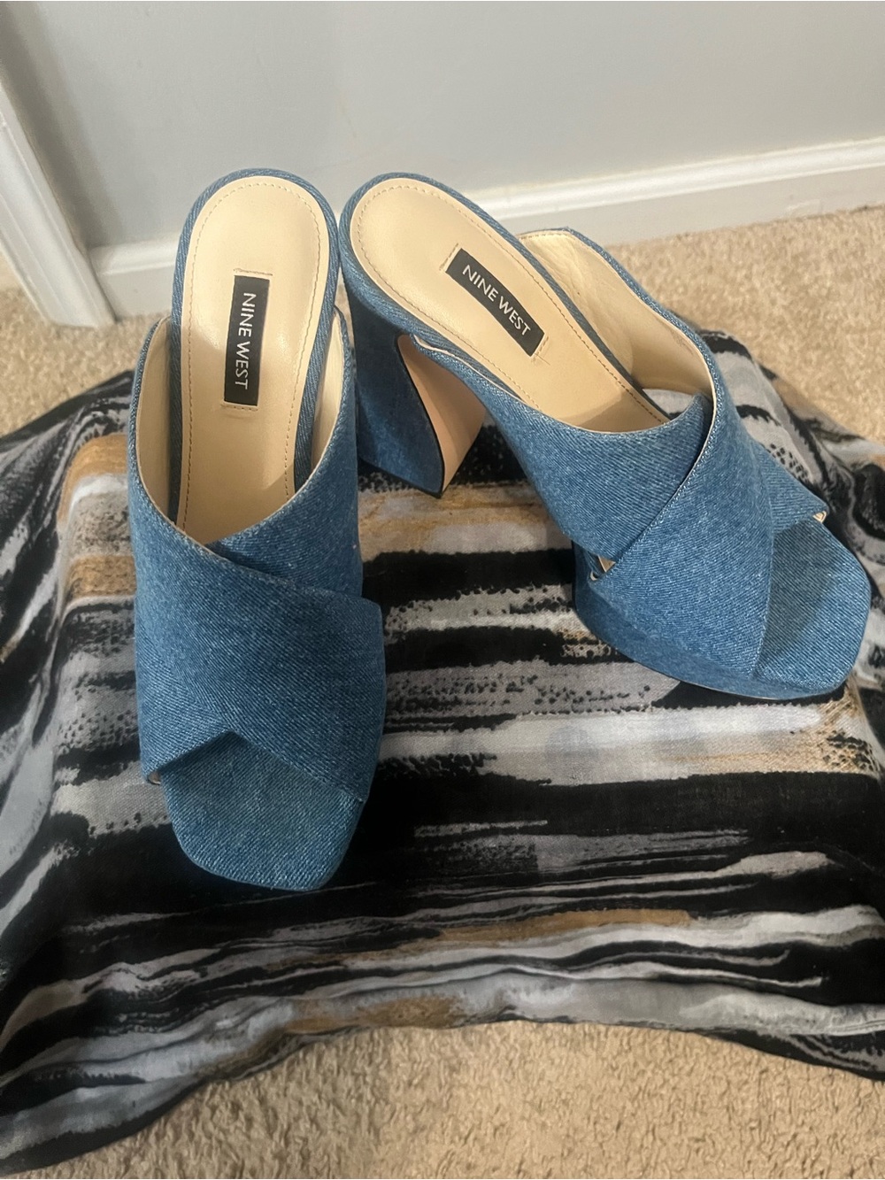 Nine West Denim Crossover Open-Toe Mules in Blue